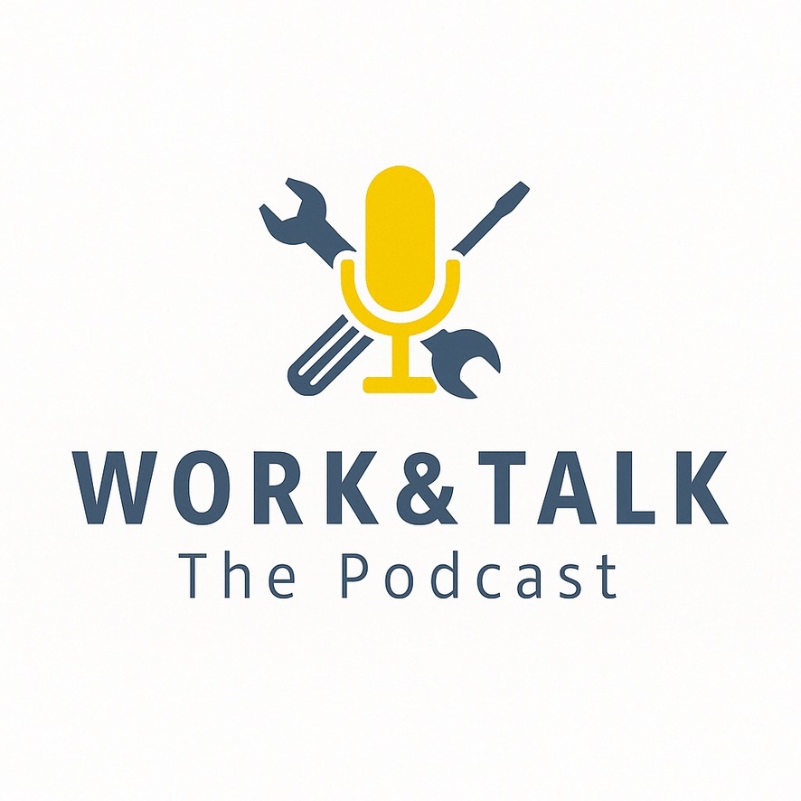 Work & Talk Podcast logo featuring a yellow microphone with tools symbolizing the skilled trades, representing Energize Us EDU’s mission in workforce development and apprenticeship leadership.